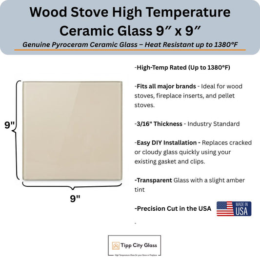9” x 9” High-Temperature Pyroceram Ceramic Glass for Wood Stoves and Fireplaces