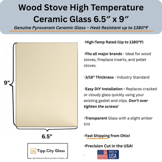 6.5” x 9” High-Temperature Pyroceram Ceramic Glass for Wood Stoves and Fireplaces