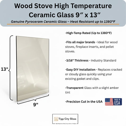 9” x 13” High-Temperature Pyroceram Ceramic Glass for Wood Stoves and Fireplaces